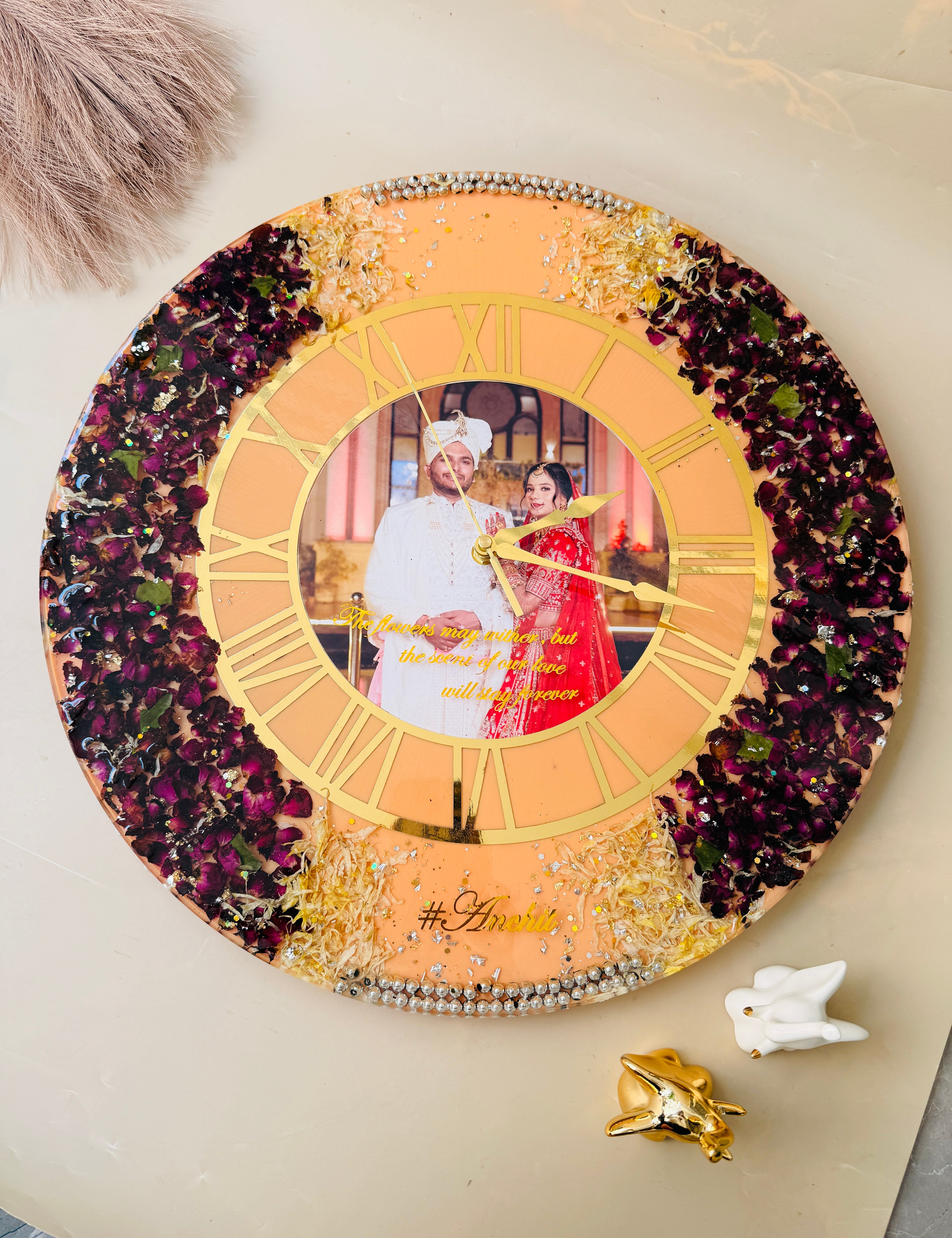 Varmala preservation wall clock made from wedding garland