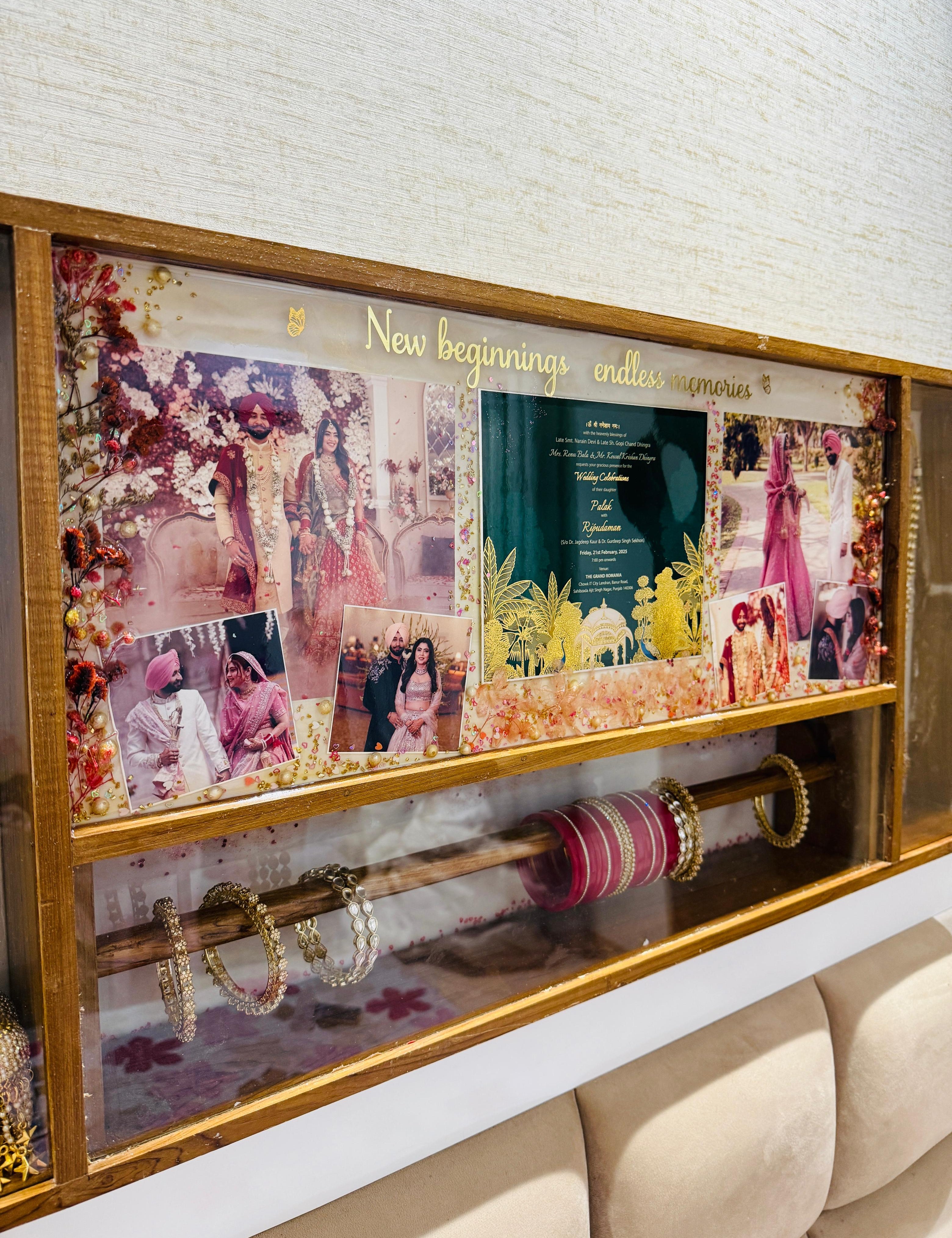 Wedding varmala preserved in resin photo frame